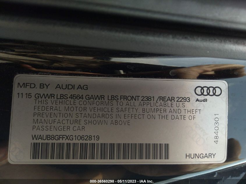 2016 AUDI A3 2.0T PREMIUM - WAUB8GFFXG1062819
