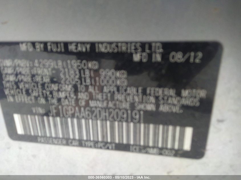 2013 SUBARU IMPREZA WAGON 2.0I - JF1GPAA62DH209191
