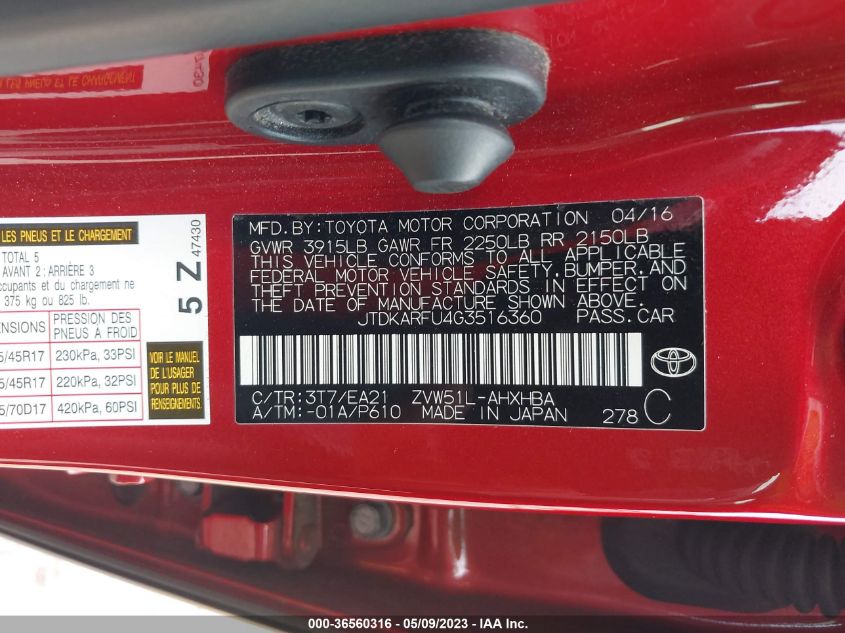 2016 TOYOTA PRIUS FOUR - JTDKARFU4G3516360