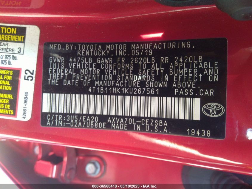 2019 TOYOTA CAMRY LE/SE/XLE/L - 4T1B11HK1KU267561