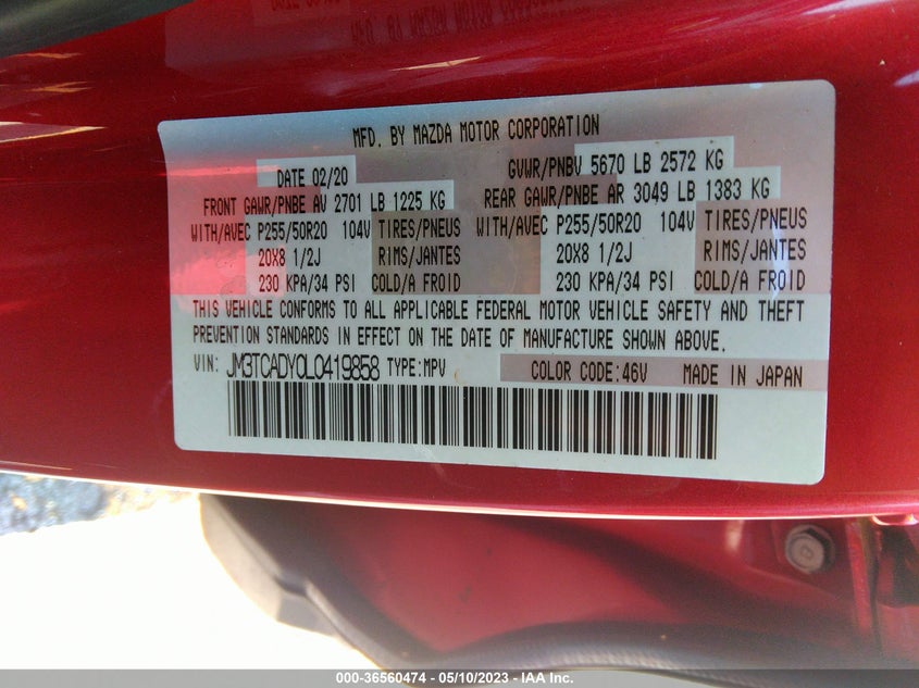VIN JM3TCADY0L0419858 2020 MAZDA CX-9 GRAND TOURING