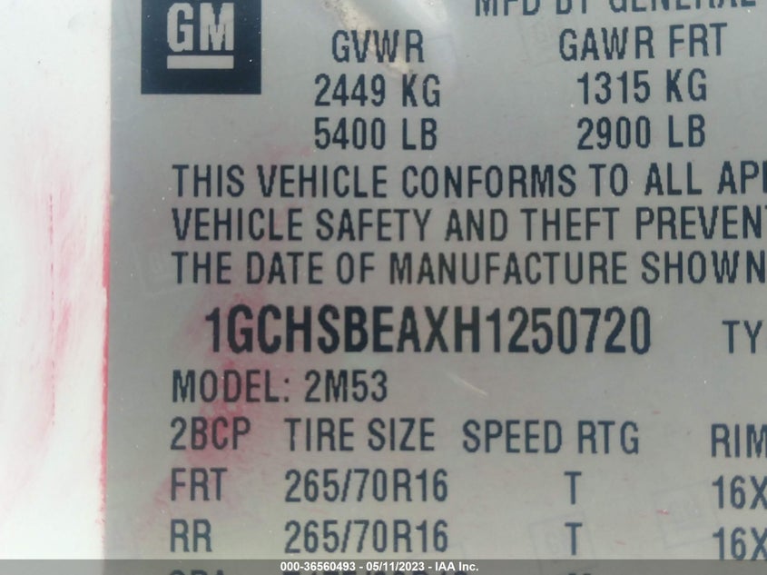 VIN 1GCHSBEAXH1250720 2017 CHEVROLET COLORADO 2WD WT