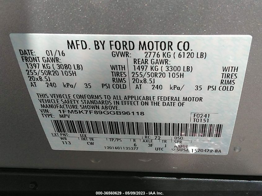 2016 FORD EXPLORER LIMITED - 1FM5K7F89GGB96118