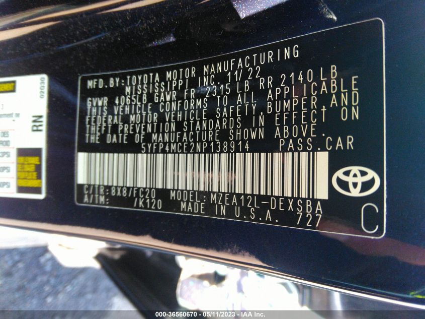 2022 TOYOTA COROLLA SE - 5YFP4MCE2NP138914