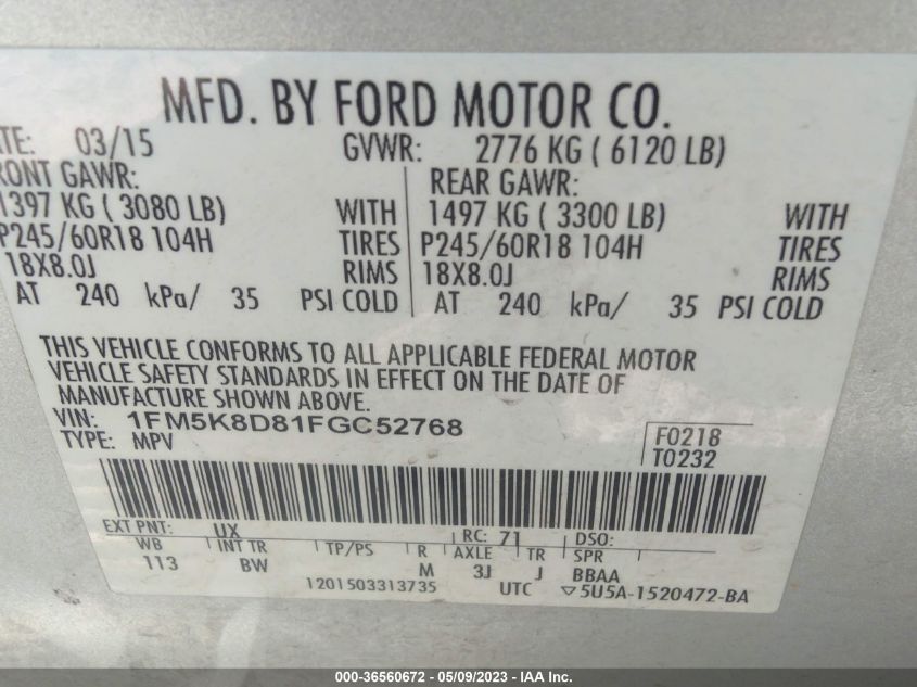 2015 FORD EXPLORER XLT - 1FM5K8D81FGC52768