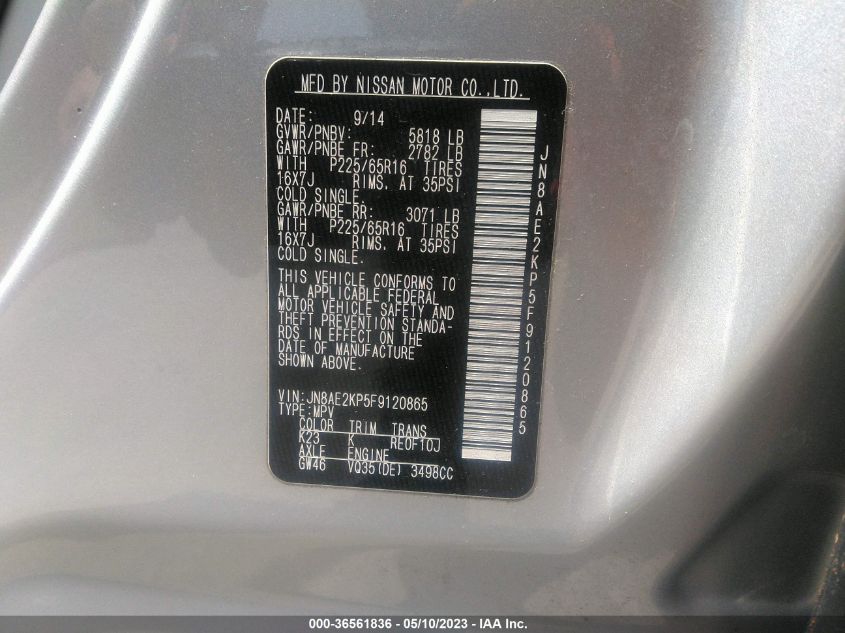 2015 NISSAN QUEST SV/S/PLATINUM/SL - JN8AE2KP5F9120865