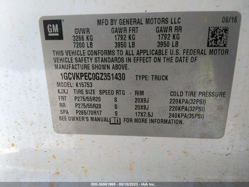 2016 CHEVROLET SILVERADO 1500 CUSTOM - 1GCVKPEC0GZ351430