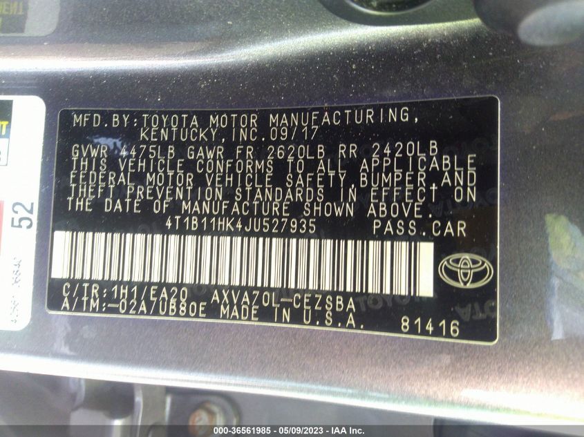 2018 TOYOTA CAMRY LE/SE/XLE/L - 4T1B11HK4JU527935