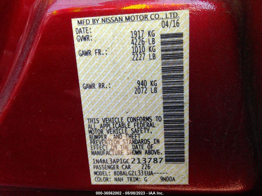 2016 NISSAN ALTIMA 2.5 - 1N4AL3AP1GC213787