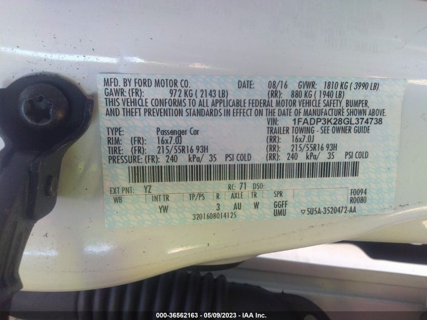 2016 FORD FOCUS SE - 1FADP3K28GL374738
