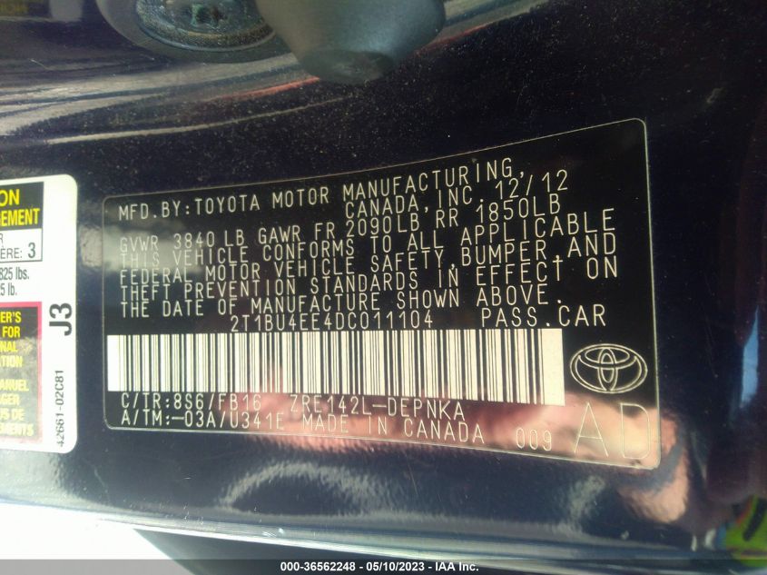 2013 TOYOTA COROLLA L/LE/S - 2T1BU4EE4DC011104