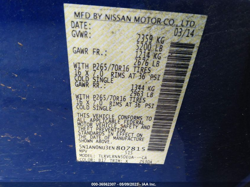 2014 NISSAN XTERRA X/S 5N1AN0NU3EN807815