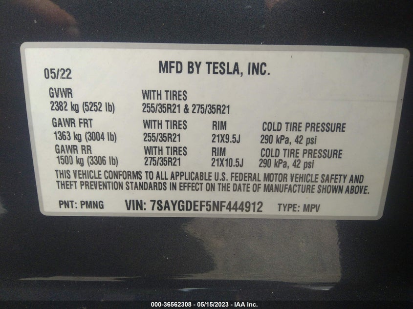 VIN 7SAYGDEF5NF444912 2022 TESLA MODEL Y PERFORMANCE