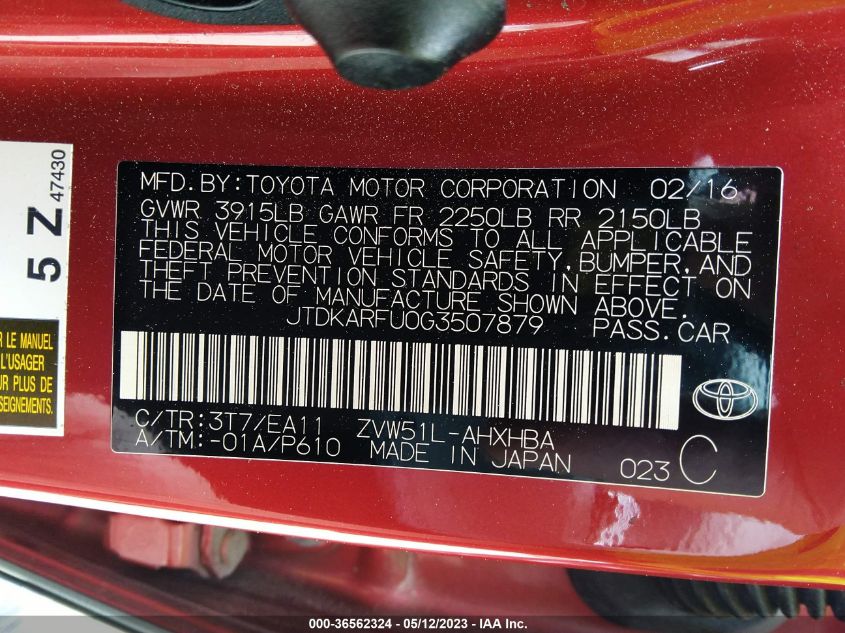 2016 TOYOTA PRIUS FOUR - JTDKARFU0G3507879