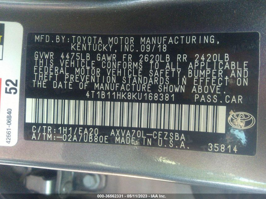 2019 TOYOTA CAMRY LE/SE/XLE/L - 4T1B11HK8KU168381