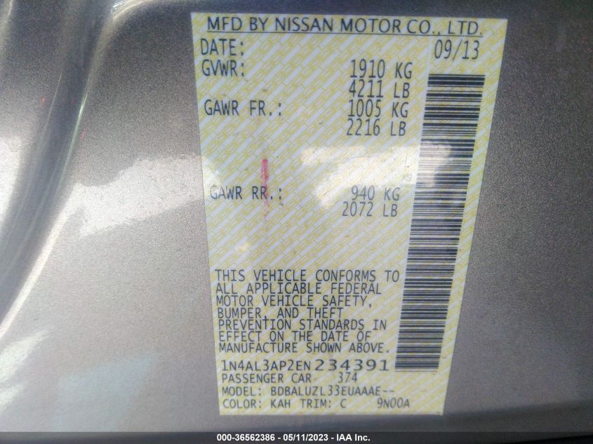 2014 NISSAN ALTIMA 2.5 SV - 1N4AL3AP2EN234391
