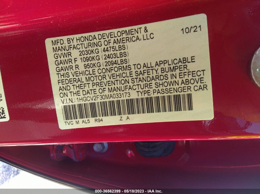 2021 HONDA ACCORD SEDAN SPORT - 1HGCV2F30MA033173