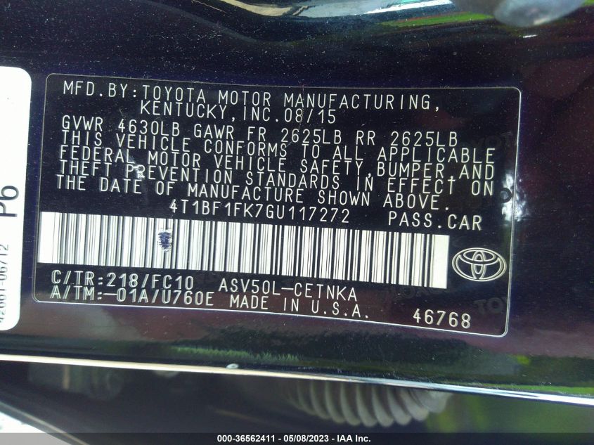 2016 TOYOTA CAMRY XLE/SE/LE/XSE - 4T1BF1FK7GU117272