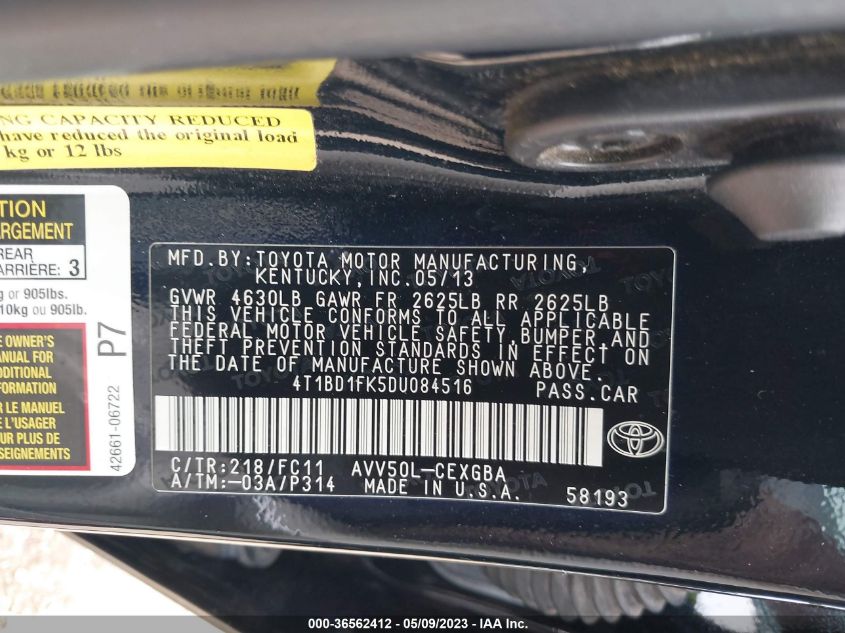 2013 TOYOTA CAMRY HYBRID LE/XLE - 4T1BD1FK5DU084516