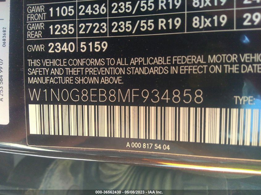 2021 MERCEDES-BENZ GLC GLC 300 - W1N0G8EB8MF934858