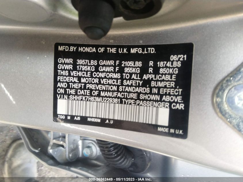 2021 HONDA CIVIC HATCHBACK EX - SHHFK7H63MU229381