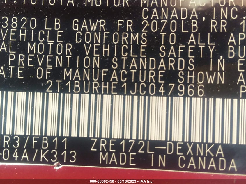 VIN 2T1BURHE1JC047966 2018 TOYOTA COROLLA LE