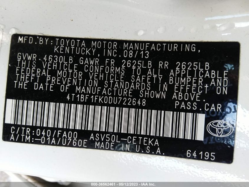 2013 TOYOTA CAMRY L/LE/SE/XLE - 4T1BF1FK0DU722648