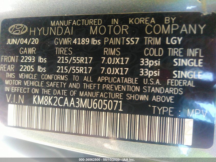 2021 HYUNDAI KONA SEL - KM8K2CAA3MU605071
