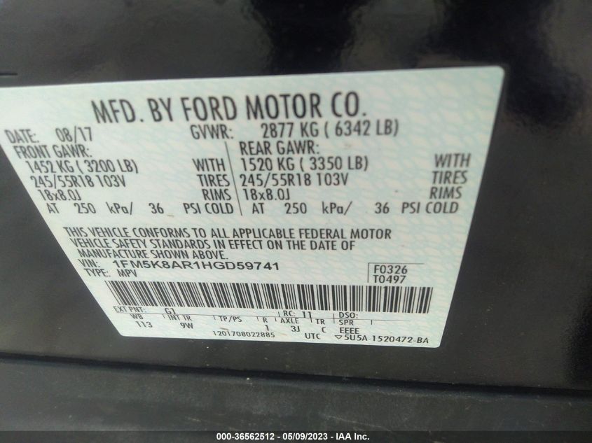 2017 FORD POLICE INTERCEPTOR 1FM5K8AR1HGD59741