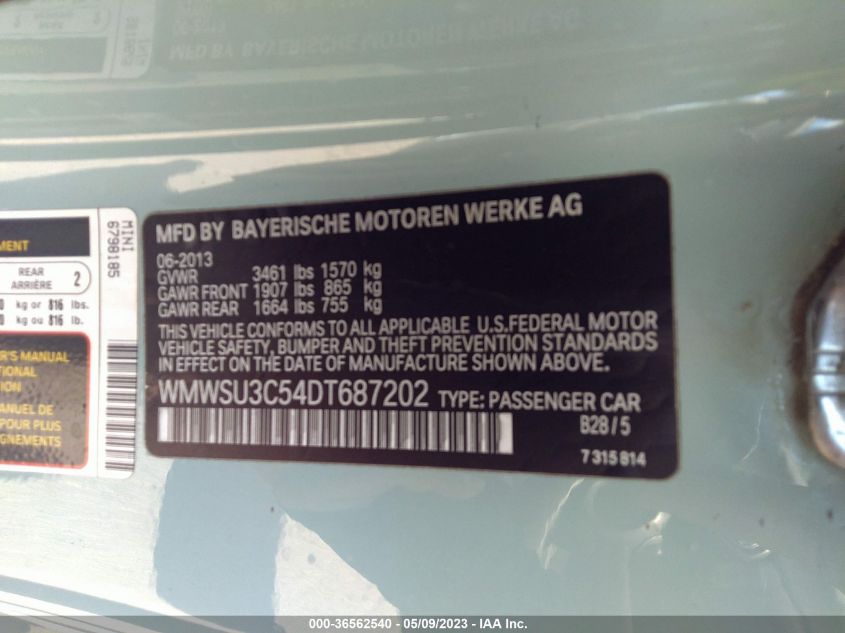 2013 MINI COOPER HARDTOP - WMWSU3C54DT687202
