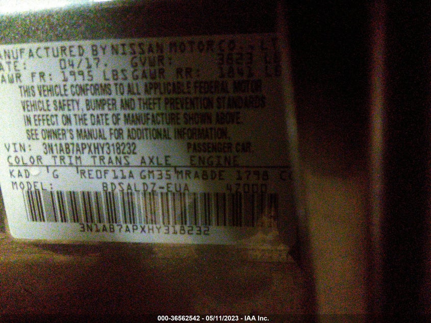 VIN 3N1AB7APXHY318232 2017 NISSAN SENTRA SV