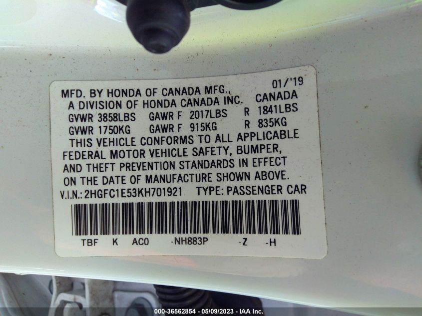 2019 HONDA CIVIC SI SEDAN 2HGFC1E53KH701921