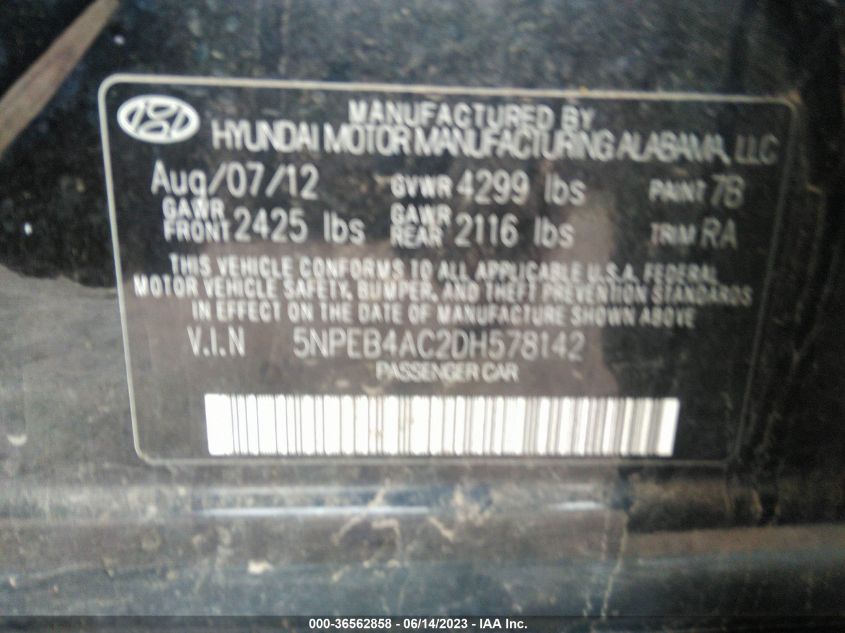 2013 HYUNDAI SONATA GLS PZEV - 5NPEB4AC2DH578142