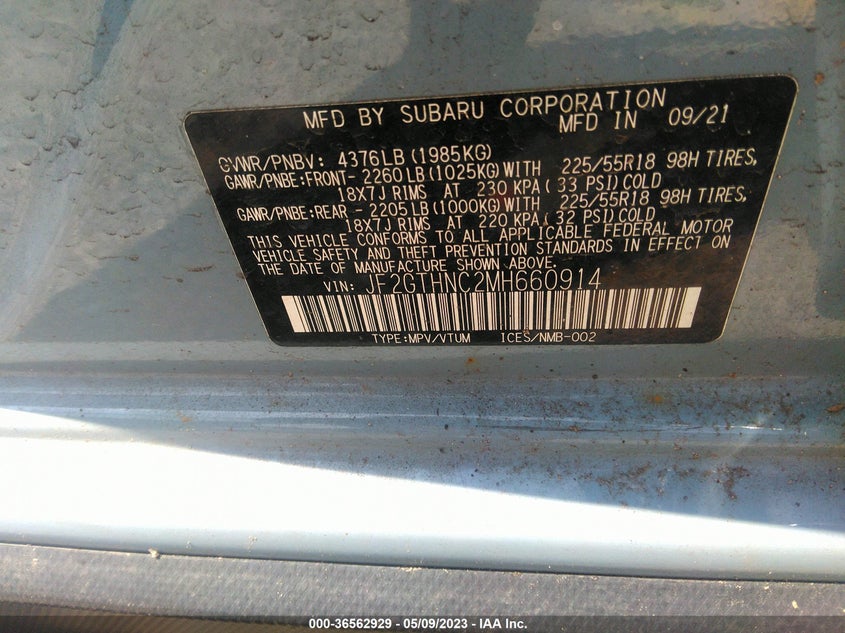 VIN JF2GTHNC2MH660914 2021 SUBARU CROSSTREK LIMITED