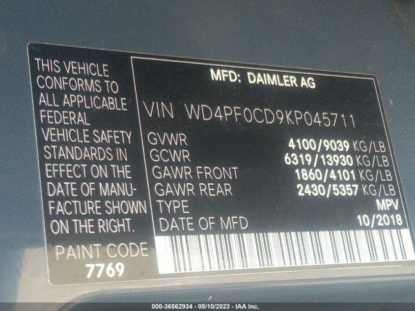 2019 MERCEDES-BENZ SPRINTER VAN WD4PF0CD9KP045711
