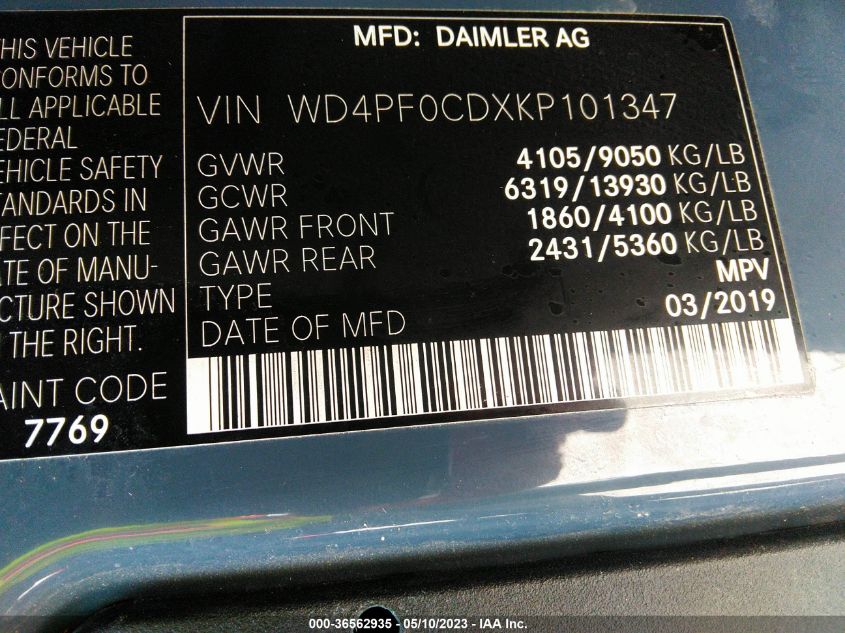 2019 MERCEDES-BENZ SPRINTER VAN WD4PF0CDXKP101347