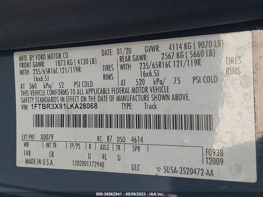 2020 FORD TRANSIT CARGO VAN - 1FTBR3X81LKA28068