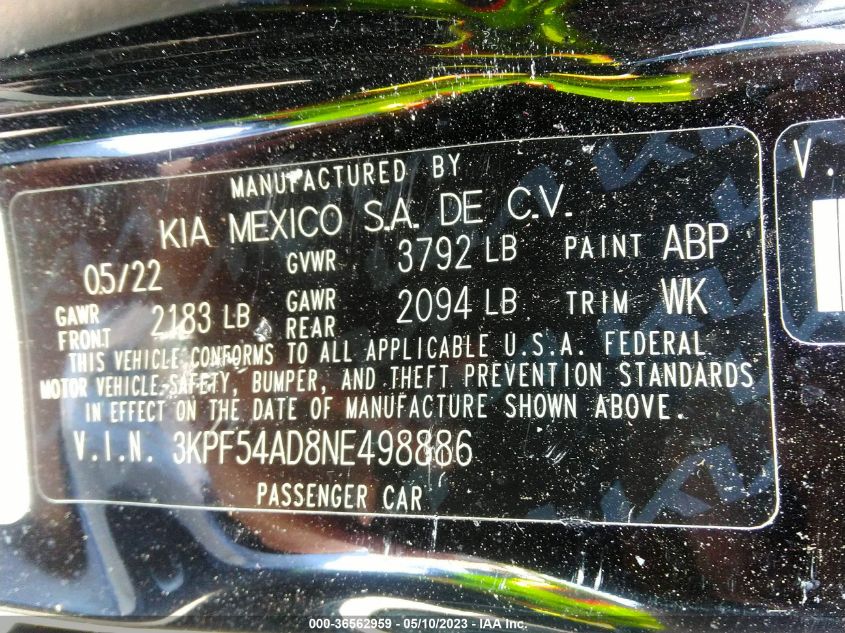 2022 KIA FORTE GT-LINE - 3KPF54AD8NE498886