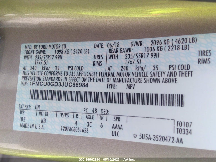 VIN 1FMCU0GD3JUC88984 2018 FORD ESCAPE SE