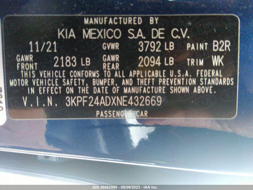 2022 KIA FORTE LXS - 3KPF24ADXNE432669