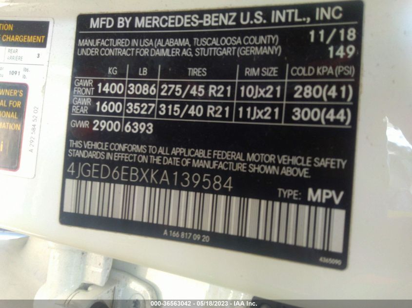 4JGED6EBXKA139584 2019 MERCEDES-BENZ GLE-CLASS, photo no. 9