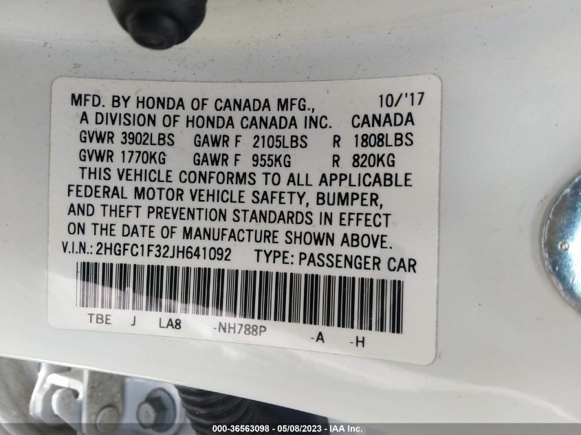 2018 HONDA CIVIC SEDAN EX-T - 2HGFC1F32JH641092