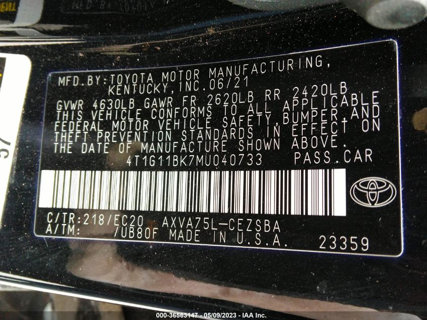 2021 TOYOTA CAMRY SE - 4T1G11BK7MU040733