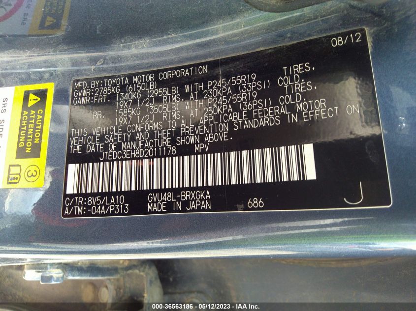 2013 TOYOTA HIGHLANDER HYBRID LIMITED - JTEDC3EH8D2011178