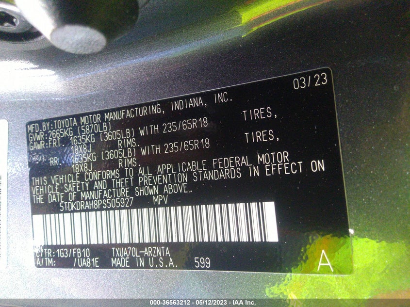VIN 5TDKDRAH8PS505927 2023 TOYOTA HIGHLANDER L/LE/XLE/XSE/LIMITED