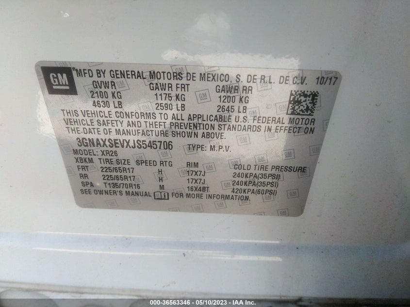 VIN 3GNAXSEVXJS545706 2018 CHEVROLET EQUINOX LT
