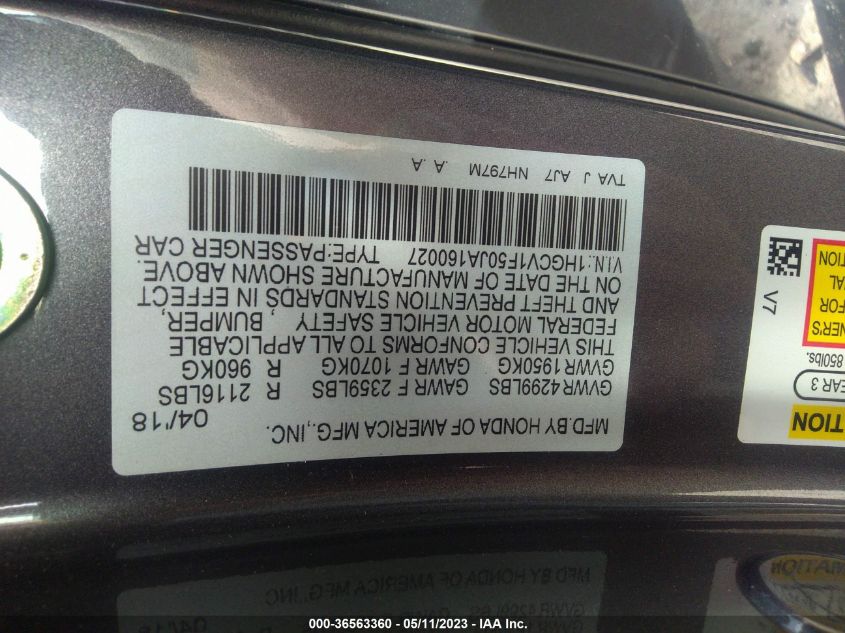 2018 HONDA ACCORD SEDAN EX-L 1.5T - 1HGCV1F50JA160027