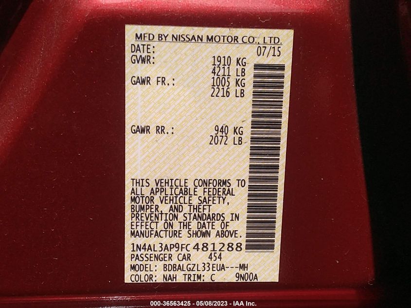 2015 NISSAN ALTIMA 2.5 S - 1N4AL3AP9FC481288