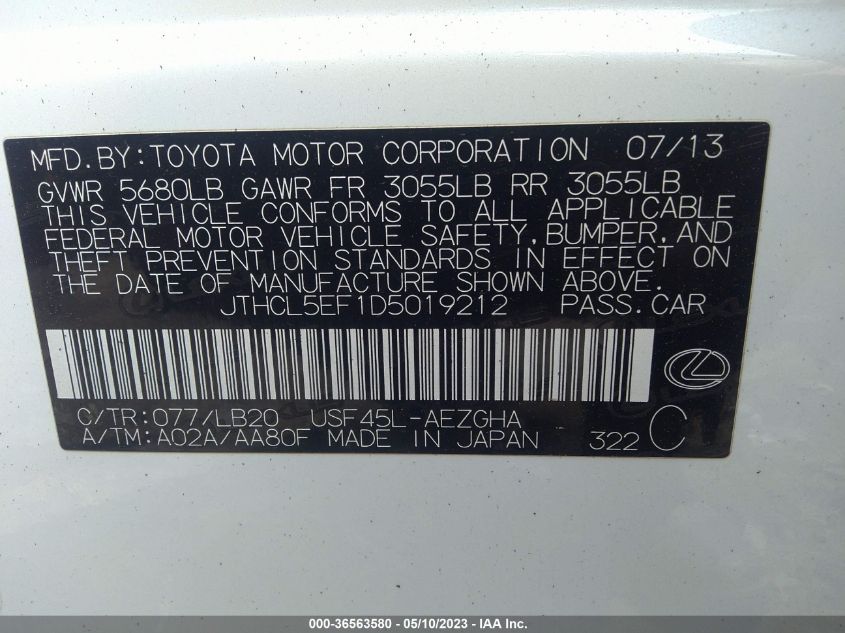 2013 LEXUS LS 460 - JTHCL5EF1D5019212