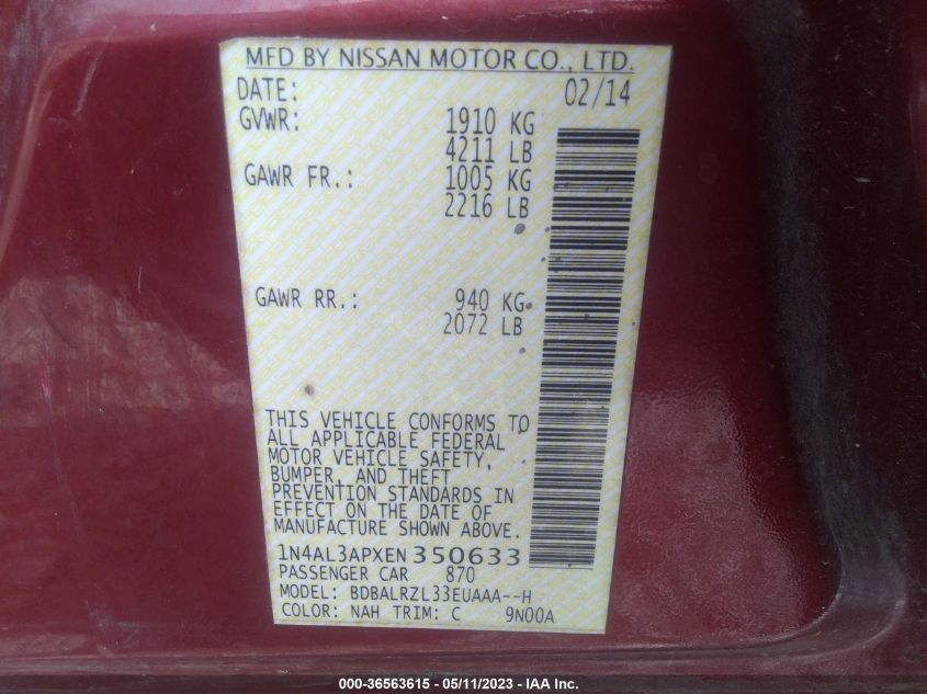 2014 NISSAN ALTIMA 2.5 S - 1N4AL3APXEN350633